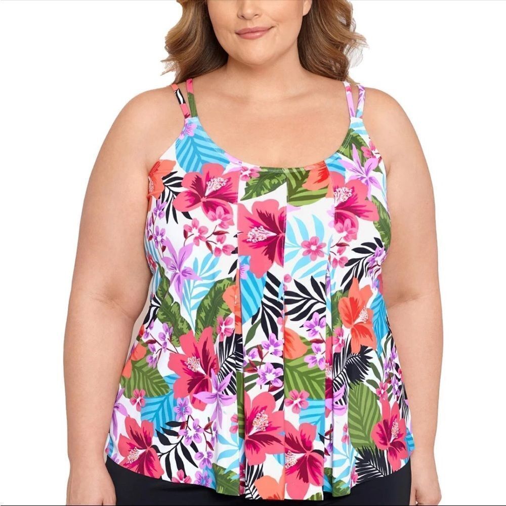 Swim Solutions White Tropical Floral Pleat Front Tankini Bust Support, Adj Strap